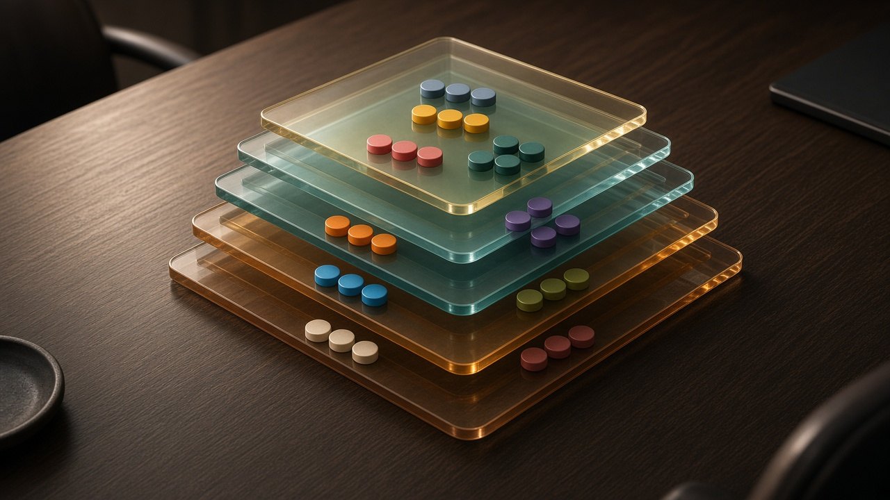 Layered tokens on a table — hierarchical mixed-effects marketing mix model