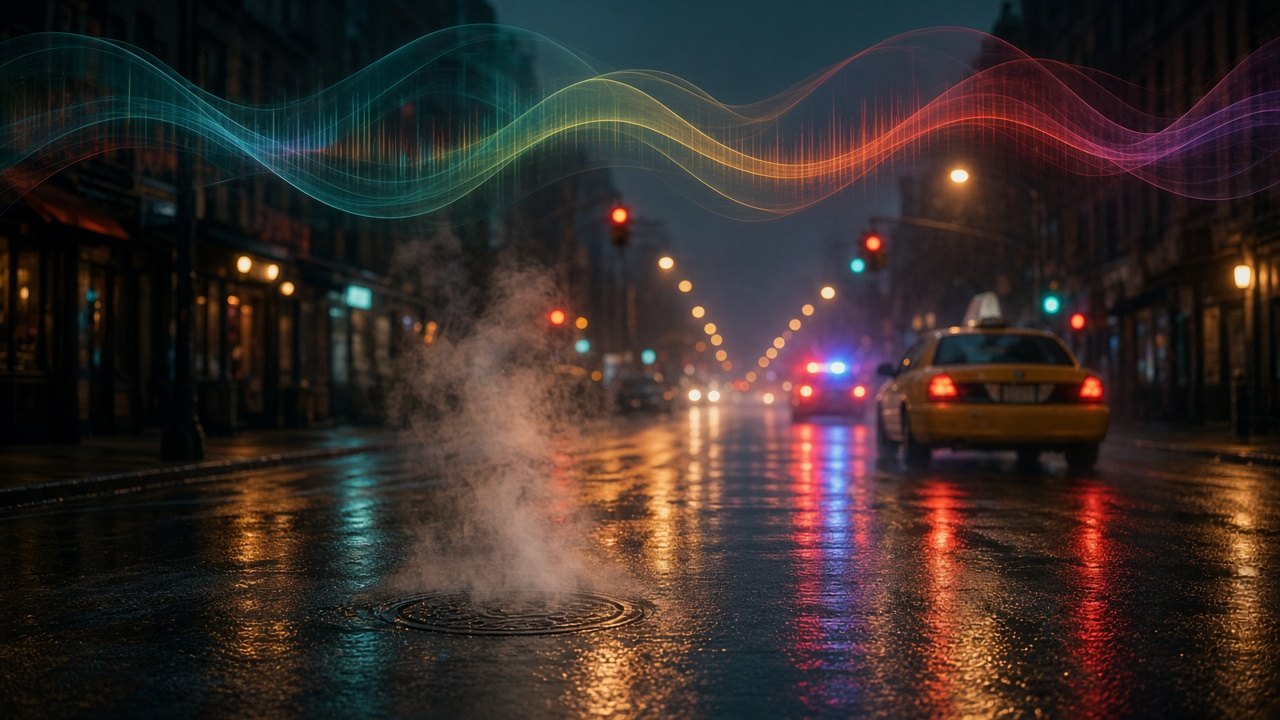 Rain-slick city street at night — urban audio classification
